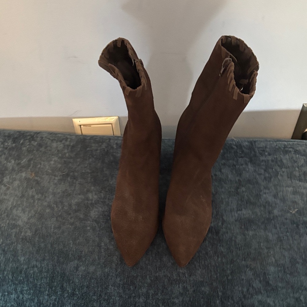 Something Navy Brown Suede Block Heel Ankle Boots - Picture 4 of 5